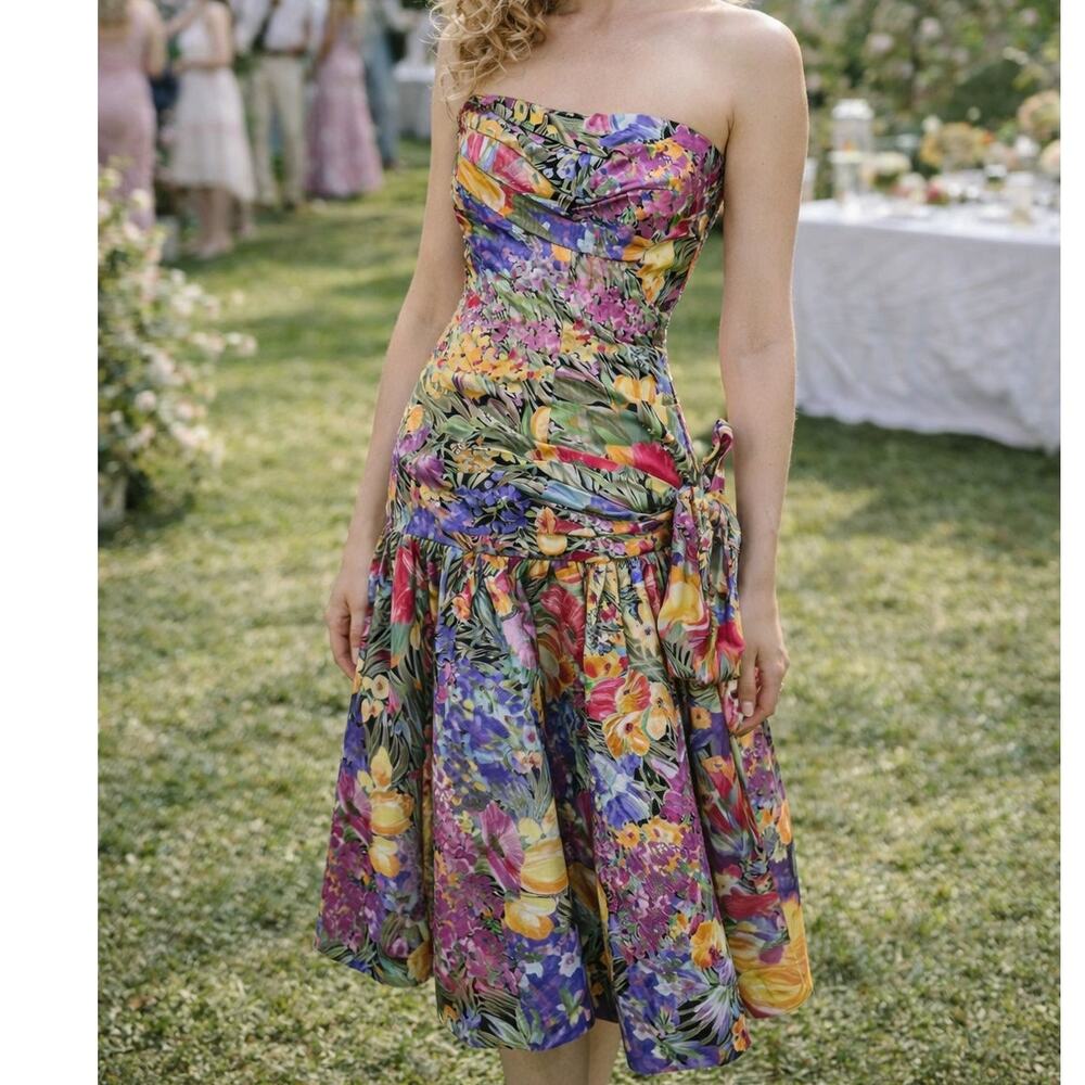 Victor Costa Vintage Floral Strapless Garden Party Wedding Guest Dress XS